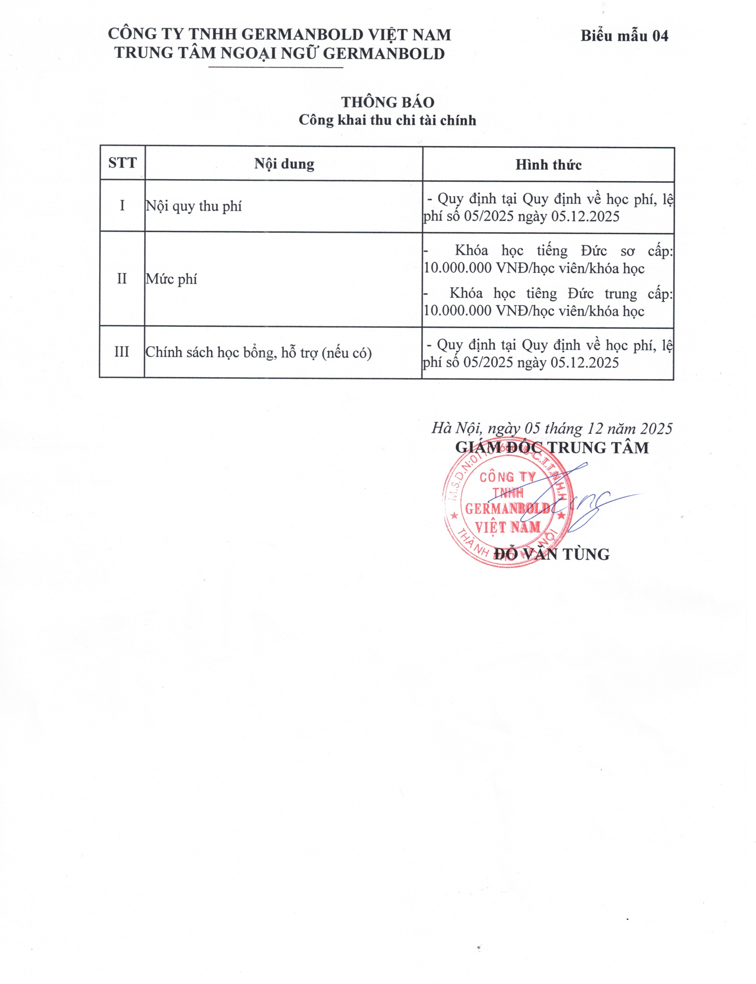 QUY ĐỊNH VỀ HỌC PHÍ TẠI GERMANBOLD